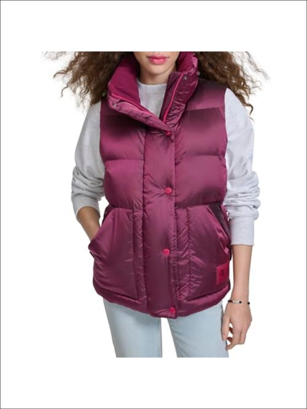 Champion Satin Quilted Puffer Vest Stand Collar Zip Snap Women's